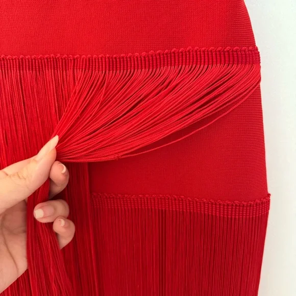 STYLE OF CB Red Midi Bodycon Dress w/ Maxi Length Tiered Fringe, Size XS - Picture 10 of 14